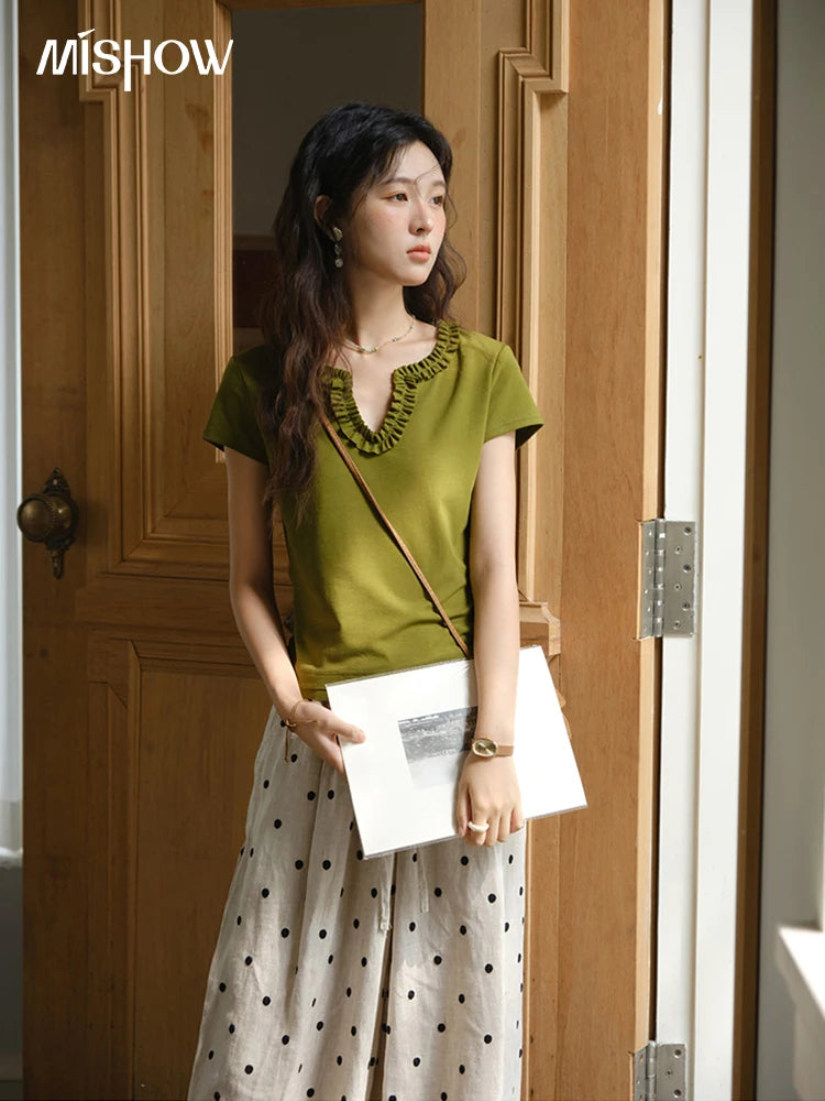 MISHOW Lace V-neck T-shirt for Women's Short Sleeve Tees 2025 Summer New Fashion Casual Thin Slim Top Ladies Clothing MXE35T0562