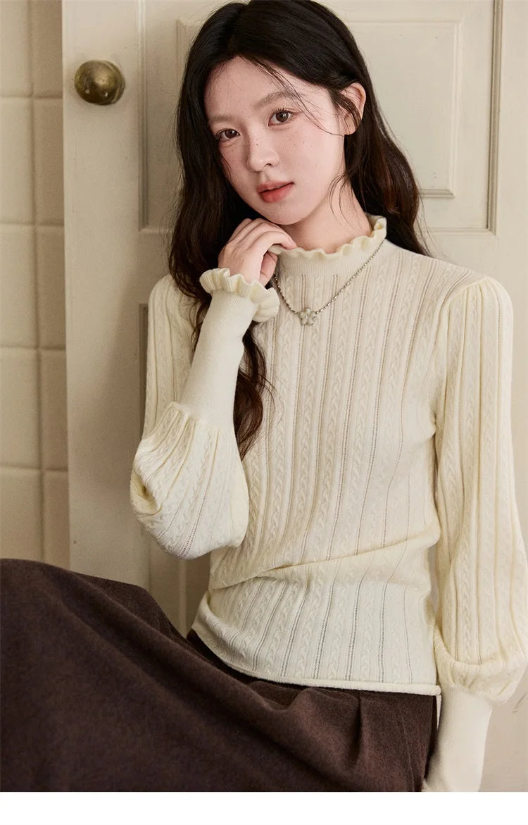 MISHOW Women's Half Turtleneck Ruffle Trim Lantern Sleeve Bottoming Tops 2025 Winter Vertical Rib Slim Knitted Top MXE93Z2810