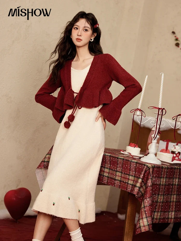 MISHOW Christmas New Year Ruffle Strap Dress Pom-Pom Lace-up Knitted Cardigan Sepertely 2024 Hem Fish Tail Dresses MXD59L2133