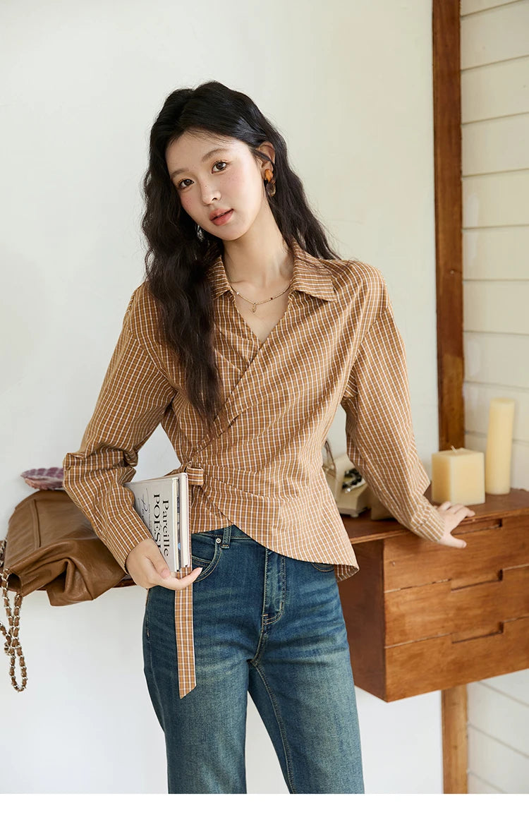 MISHOW Women's 100 Cotton Dark Orange Plaid Shirt  Autumn Design Side Waist Lace-up Long Sleeved Shirts Office Lady MXE46X2494