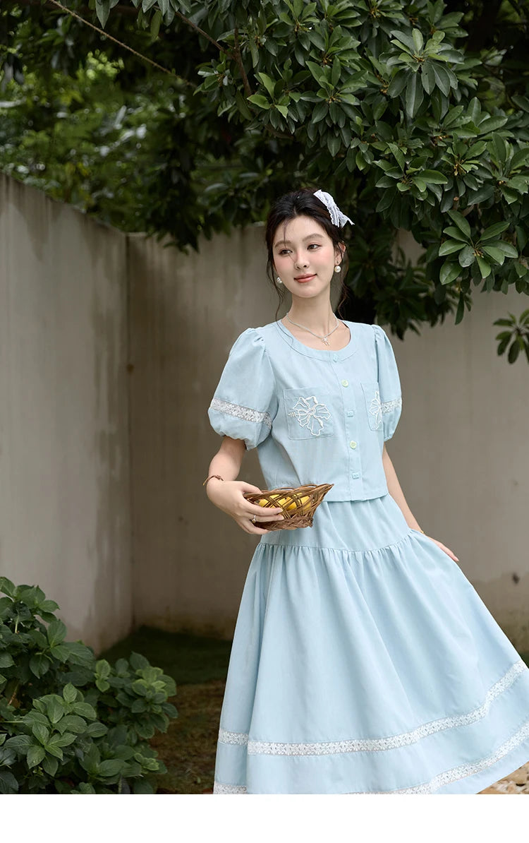 MISHOW Blue Pocket Patchwork Lace Shirt Elastic Waist Skirt Separately 2024 Summer Korean Round Neck Top Sweet Skirts MPD22B0450