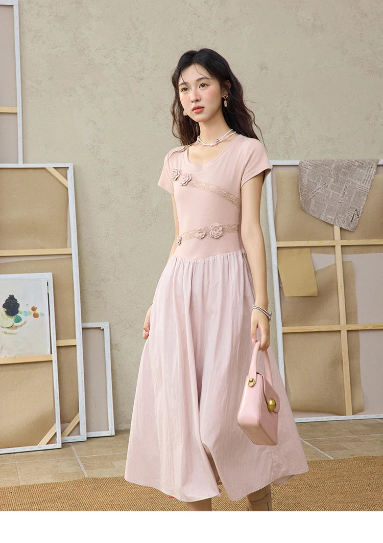 MISHOW Woven Patchwork Knitted Dress Female Summer 2025 French Waist Slim Long Dress Pink Round Neck Elegnat Dresses MXE36L2247