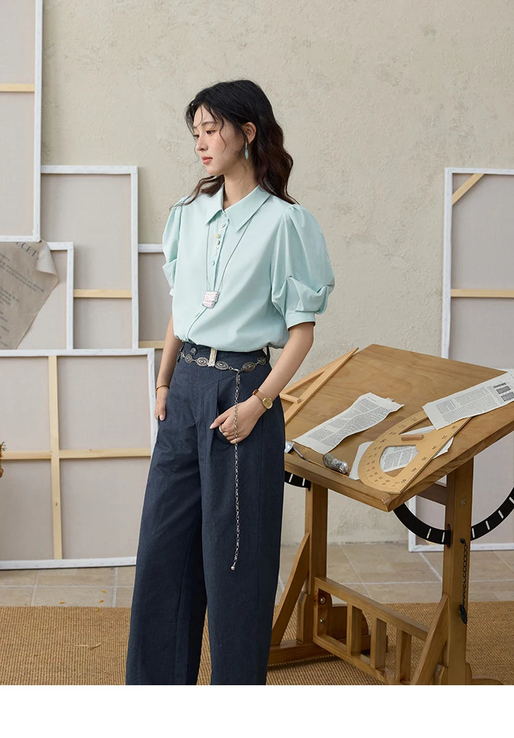 MISHOW Light Green Bubble Sleeve Shirt for Women Summer 2025 Lapel Collar Irregular Button Shirts Cotton Commuter Top MXE34C0788