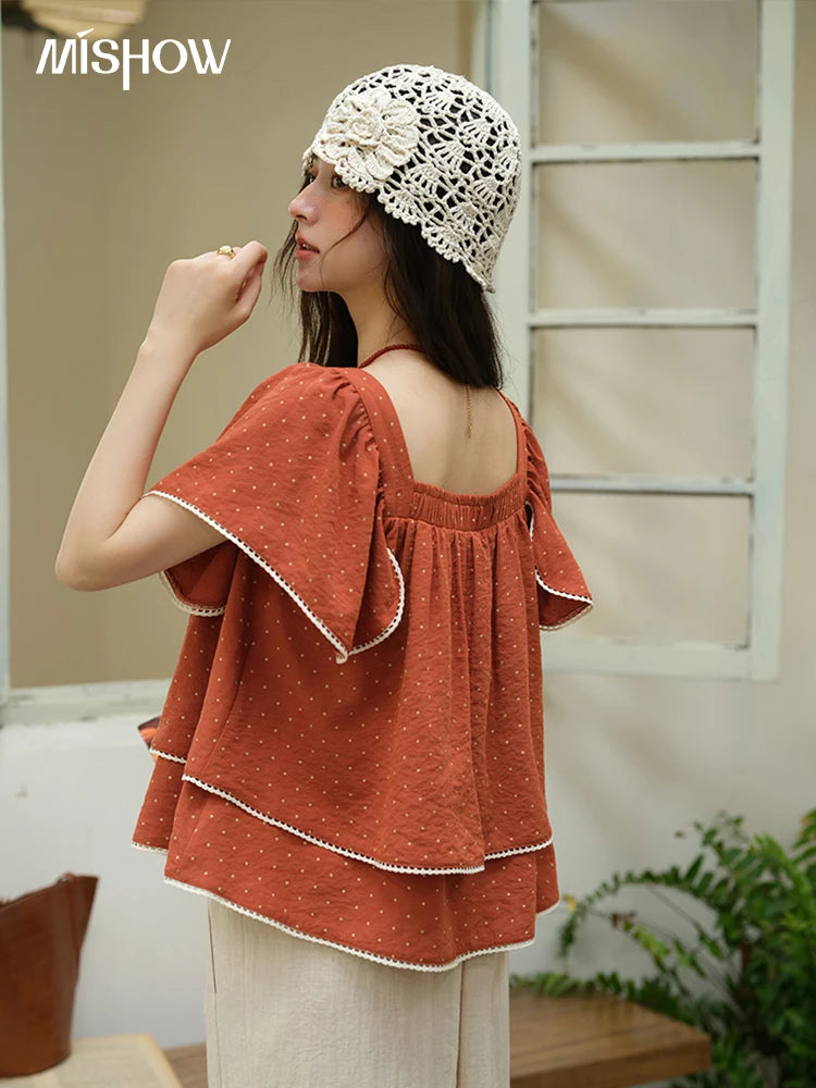 MISHOW Women's Polka Dot Blouse 2025 Summer Square Neck Lace Spliced Double Layered Ruffled Red Top Women's Clothing MXE37X1857
