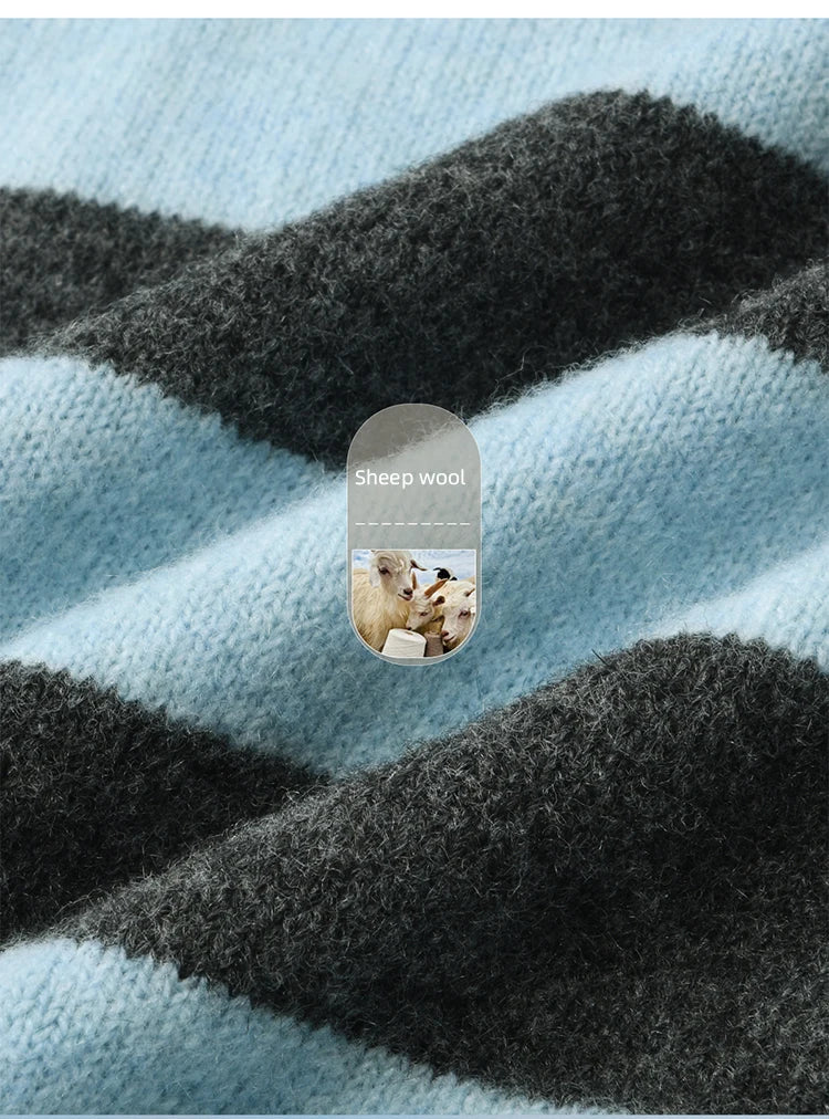 MISHOW Blue Gray Stripe Knitted Top 2025 Autumn Slanted Shoulder Collar Sweaters with Ribbon Loose Wool Blend Sweater MXE46Z2540