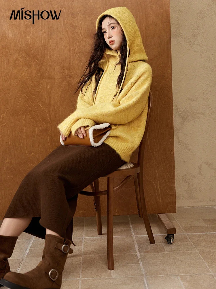 MISHOW Knitted Sweater Hooded Neck Warm Wool for Women 2025 Autumn Winter Cozy Loose-Fit Casual Solid Pullover Top MXD59Z1123
