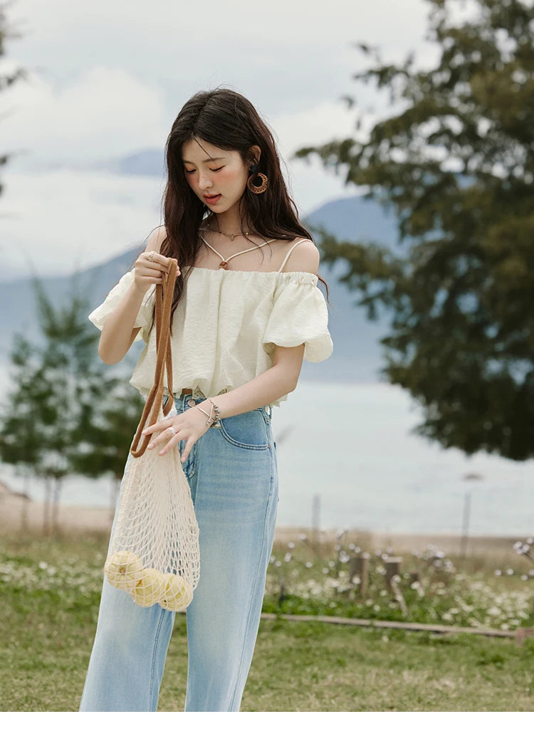 MISHOW French Summer Camisole Shirt Female 2025 New Solid Off-shoulder Short Sleeve Lace Tops Fashion Gentle Blouses MXE33X1755