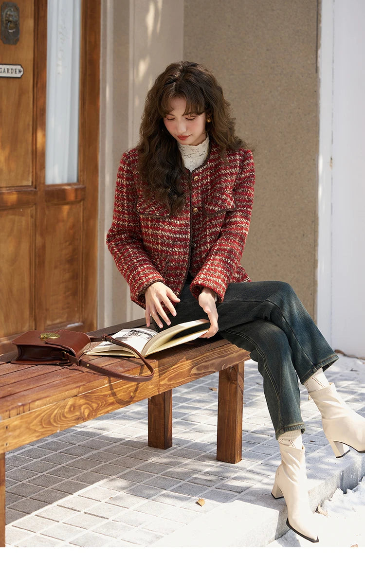 MISHOW Tweed Jacket for Women Luxury 2025 Winter Wool Blend Thick Coat High Quality Fashion Crew Neck Outerwear Top MXC57Y0021