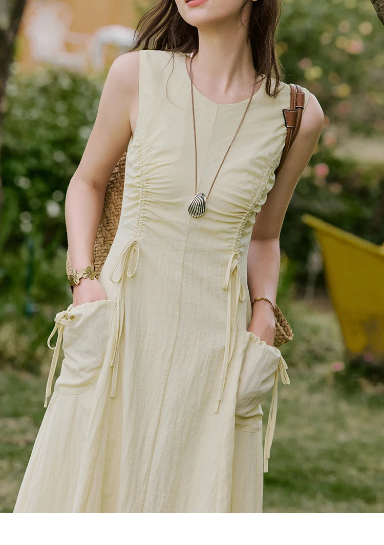 MISHOW Office Lady Summer Dress Women New 2025 Sleeveless Round Neck Drawstring Waist with Pockets Slim Dresses Woman MXE34L2228