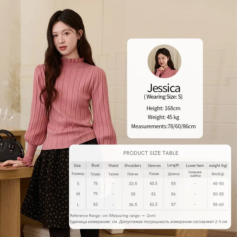 MISHOW Women's Half Turtleneck Ruffle Trim Lantern Sleeve Bottoming Tops 2025 Winter Vertical Rib Slim Knitted Top MXE93Z2810