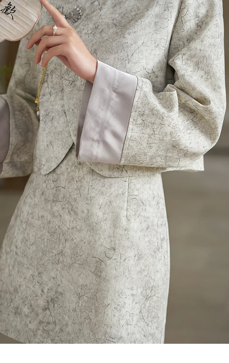 MISHOW Chinese Stand Up Collar Jacket A-line Skirt Separately Spring Textured Glossy Jacquard Irregular Placket Top MXD15W0373