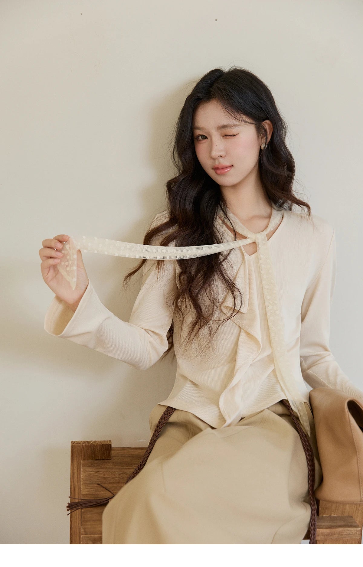 MISHOW Women's V-neck Splicing Lace Ribbon Long Sleeve Tops Spring Ruffled Asymmetrical Hem Flare Sleeve Knitwear MXF108Z1016