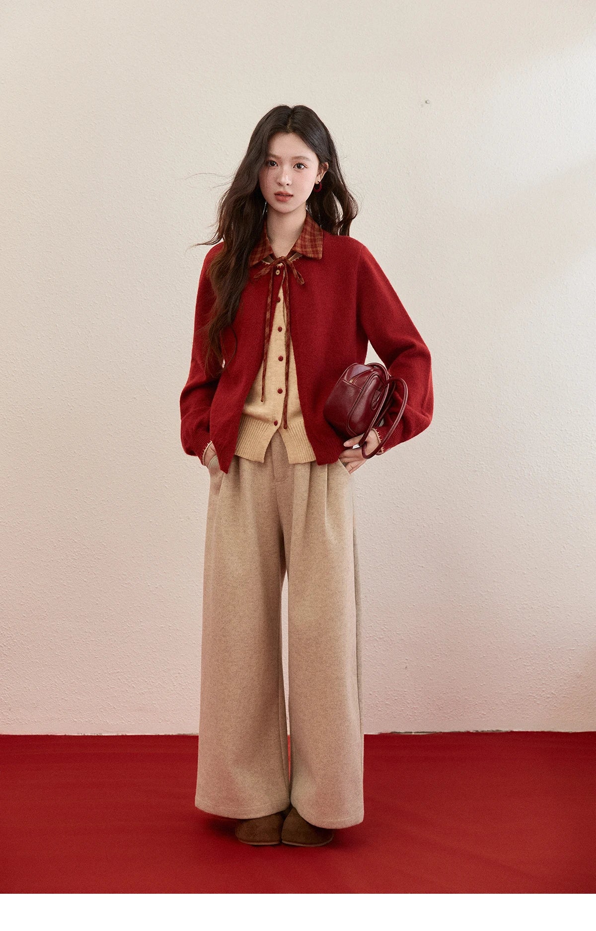 MISHOW Color Block Contrast Fake Two-Piece Cardigan Women Winter Removable Plaid Collar Tie Thickened Knitted Sweater MXE93Z2816