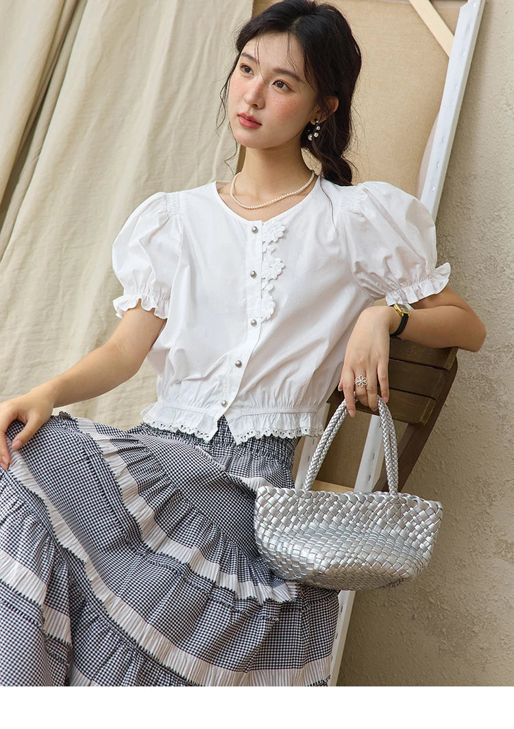 MISHOW Sweet Lace Pufff Sleeve Shirt Summer 2025 Flower Single Breasted Buttons Short Shirts Hem Elastic Waist Tops MXE34X1820