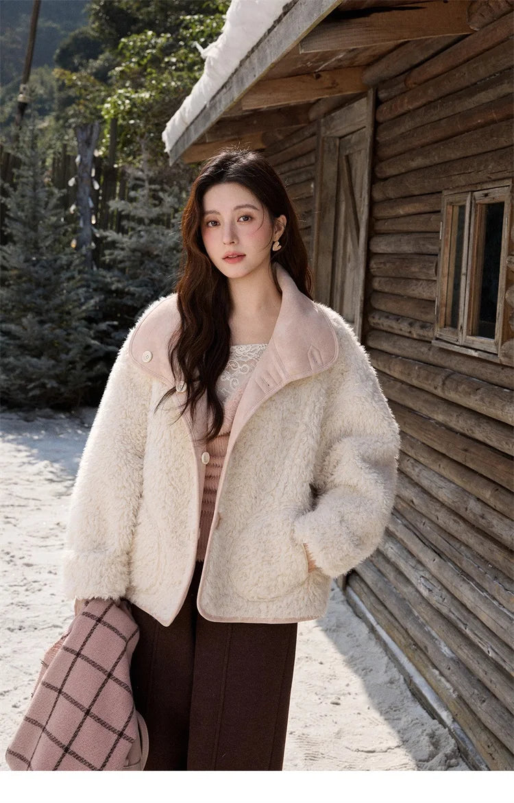 MISHOW Women's Double Sided Wearing Jacket 2025 Winter Lamb Wool Lapel Coat Warm Windproof Commuter Coat with Pockets MXE91W1015