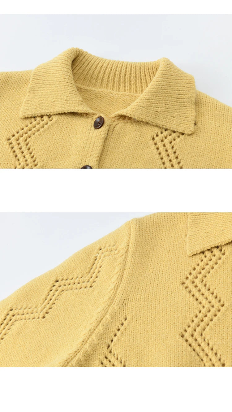 MISHOW Women's Hollow Pattern Knitted Cardigan 2025 Winter Yellow Lapel Single Breasted Sweater Loose Pullover Tops MXE94Z2961