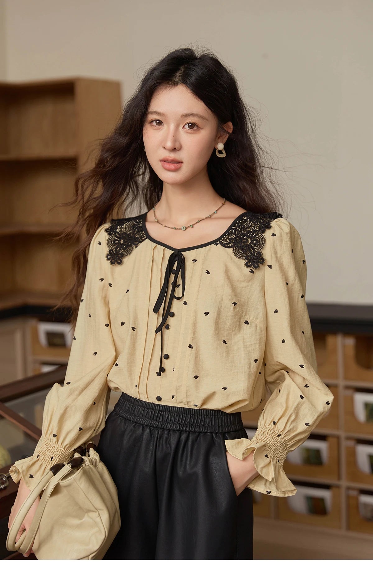 MISHOW Women's Yellow Heart Printed Shirt Autumn Lace Hollowed Out Collar Bubble Sleeve Top Lace-up Commuter Shirts MXE41X1949