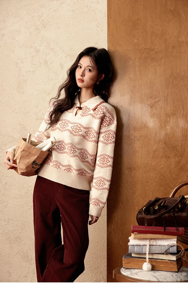 MISHOW Fair Isle Knitting Sweater Women Christmas Turn Down Collar Pullovers Versatile Soft Warm Office Lady Warm Top MXD59Z1042