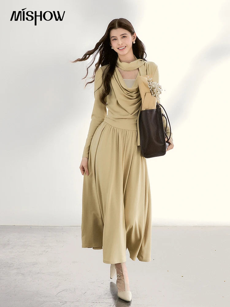 Mishow Khaki Swinging Collar Scarf Waist Dress MXF11L2552