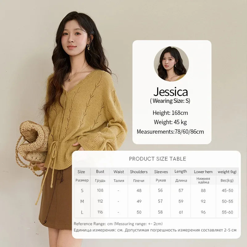 MISHOW Women's Yellow Knitted Cardigan 2026 Spring Hollow Out V-Neck Drawstring Waist Long Sleeve Casual Loose Tops MXF108Z1022