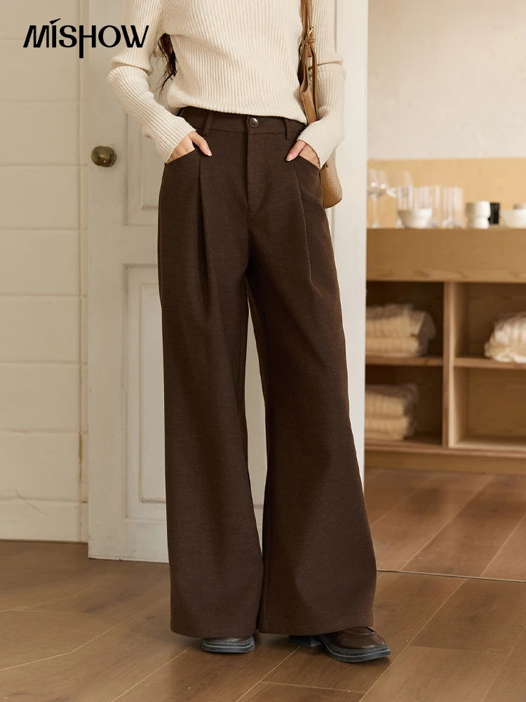 MISHOW Brown Wide-leg Pants for Women 2025 Autumn Winter New Retro High Waist Drape Trousers Commute Casual Pants MXE51K1094