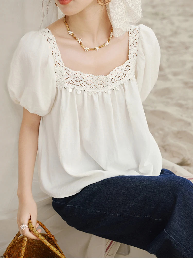 MISHOW French New Shirts Women Summer 2025 Short Puff Sleeve Square Collar Solid Splicing Lace Blouses Female Holiday MXE32X1780