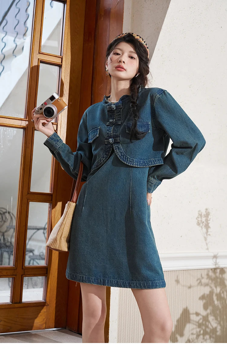 MISHOW Retro Chinese Buckle Denim Short Jacket U-neck Vest Dress Separately 2025 Autumn Casual Coat Knee-Length Dress MXD14L1771