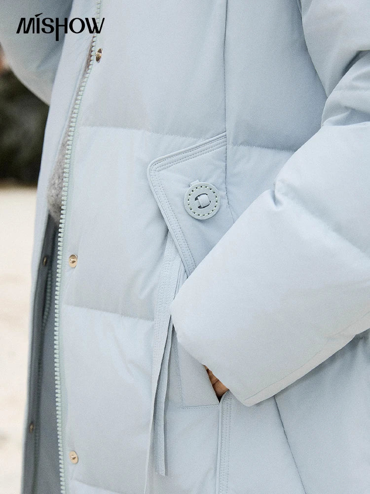MISHOW Women's Winter Coat with Hood 2025 Fashion Solid Commute Long Down Jacket Windproof Warm Down Coat Luxury MXE51Y0079