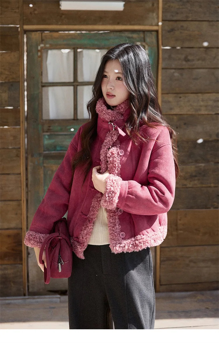 MISHOW Women's Dragon Fruit Red Suede Patchwork Coat 2025 Winter Color Block Stand Collar Thickened Short Outerwear MXE87W0942