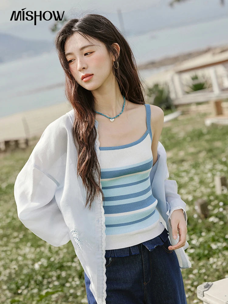 MISHOW Blue Striped Camisole Summer Women New 2025 Square Collar Loose Office Lady Tops Female Fashion Design Sense MXE31Z1221