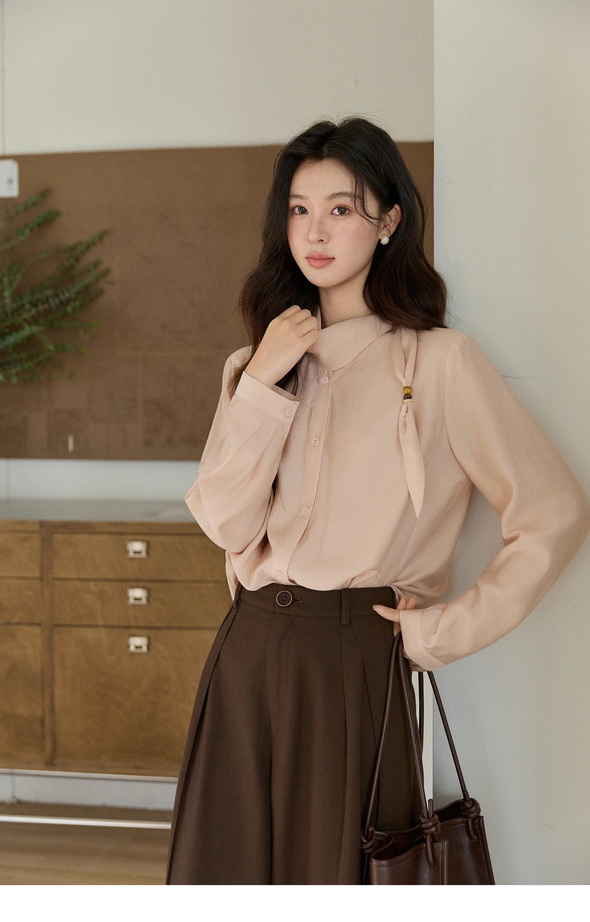 MISHOW Women's Nude Pink Shirt Spring Versatile Ribbon Stand Neck Shirts Button-Down Casual Commute Long Sleeve Top MXE11X2547