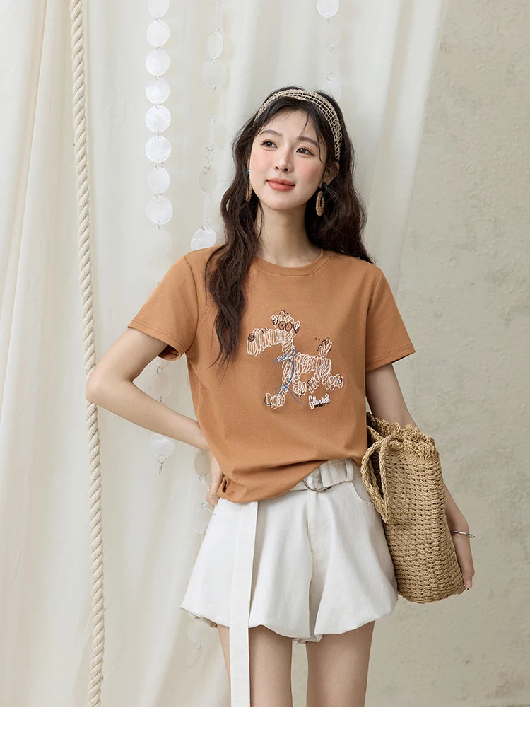 MISHOW Print Women‘s Summer T-shirts 2025 Short Sleeve Round Neck Loose Design Shirt Female Slim Embroidery Tops Lady MXE31T0550