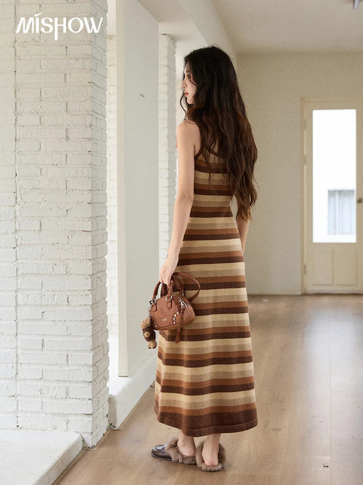 MISHOW Women's Knitted Dress 2025 Winter New Retro Striped Suspender Dress Sexy Slim Vacation Party Long Dress MXE86L2532