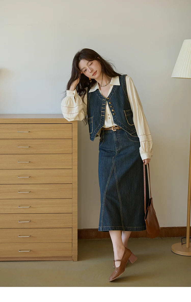 MISHOW High Waist Slim Denim Skirt for Women Autumn 2025 Fashion Pocket Skirt Rear Hem Split Casual Skirt Office Lady MXE41B2379