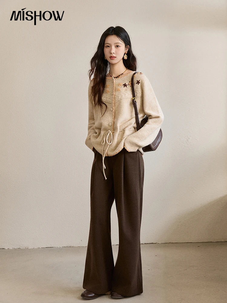 MISHOW Women's Apricot Hand-Embroidered Cardigan 2025 Winter Wool Blend Sweater Waist Tie Crochet Thick Warm Knitwear MXE87Z2702