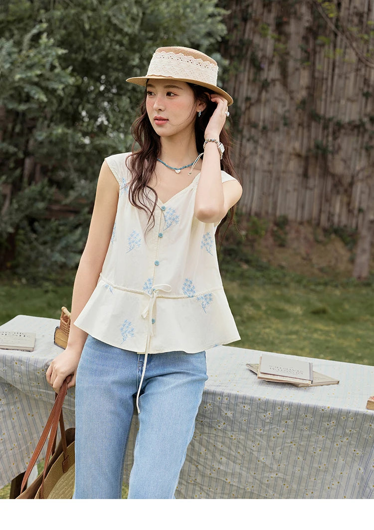 MISHOW Print Sleeveless V-Neck Blouse Blue Flower Cotton MXE32X1777