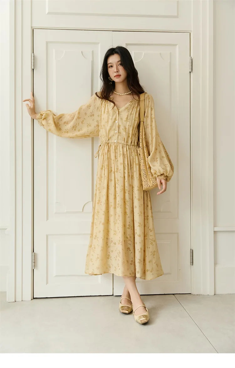 MISHOW Yellow Printing Dress for Woman 2025 Autumn Elegant Lace Lantern Sleeve Waist Slim Long Dress V-neck Dress MXE47L2527