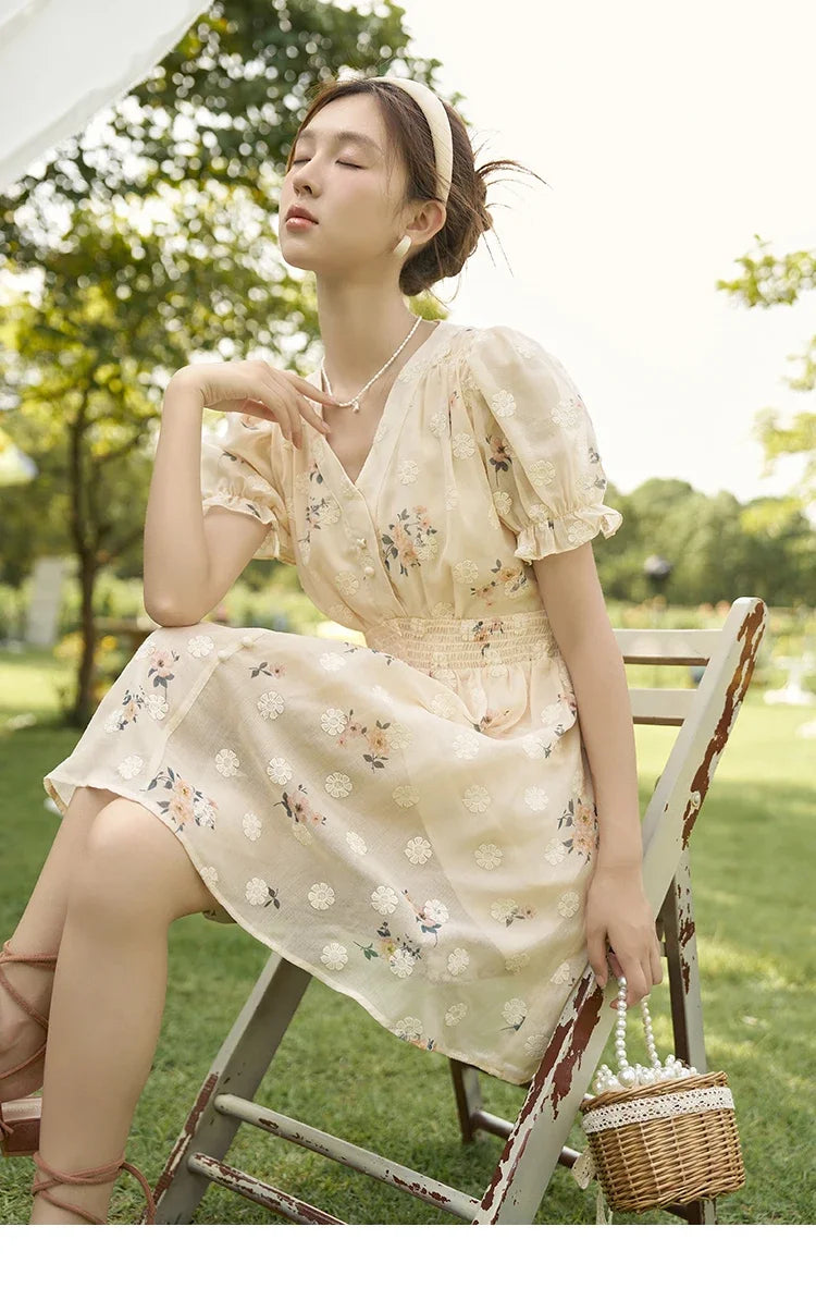 MISHOW Women's Chiffon Dress 2025 Summer French Elegant Floral Embroidered A-LINE V-Neck Sweet Knee-Length Dresses MXC38L1424