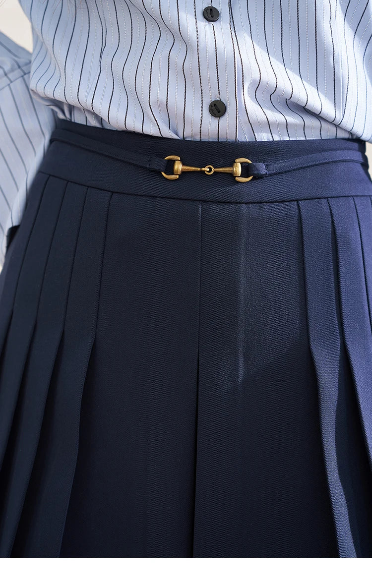 MISHOW Dark Blue Pleated Skirt 2024 Spring Fashionable Preppy Style Solid High Waist Metal Buckle Sweet A-line Skirts MXD12B0224