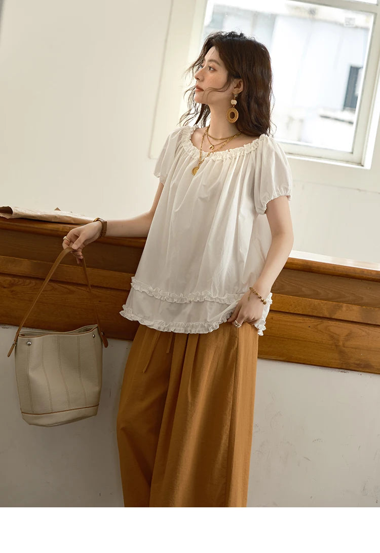 MISHOW Women's Fashion Puff Sleeve Blouse 2025 Summer Casual O-Neck Edible Tree Fungus Spliced Top Female Clothing MXE39X1929