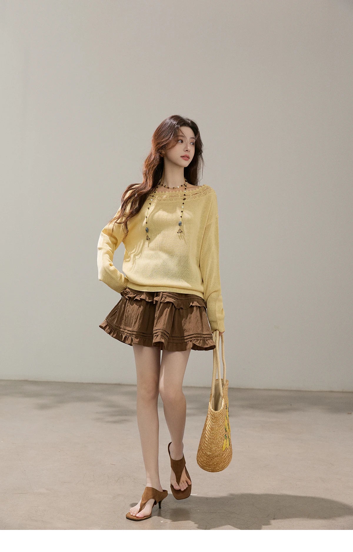 MISHOW Women's Hollowed Out Lace Trim Knit Tops 2026 Spring Boat Neck Long Sleeve Knitwear Casual Soft Yellow Sweater MXF15Z3050