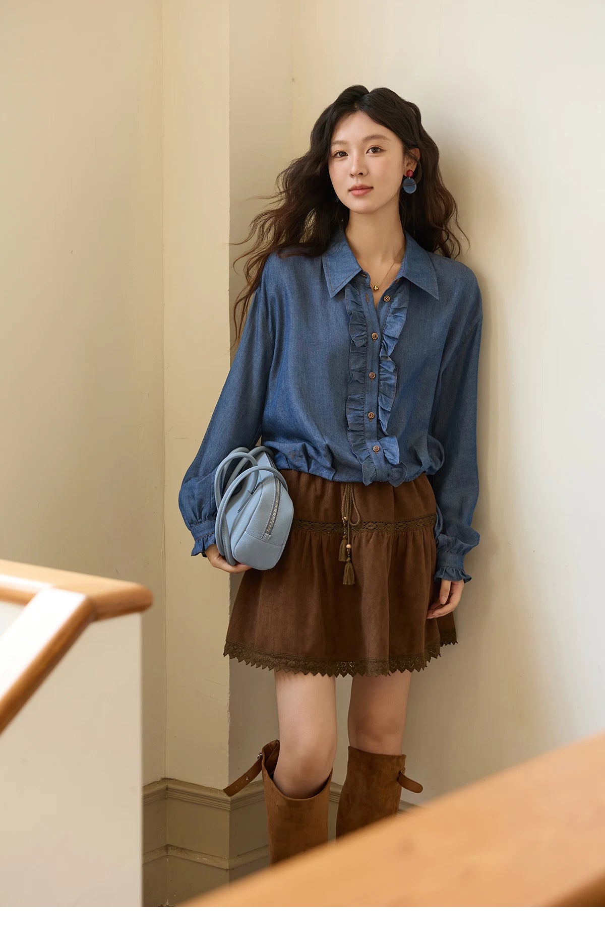 MISHOW Blue Lyocell Imitation Denim Shirt for Women Autumn 2025 Ruffled Placket Contrasting Button Waist Cinc Shirt MXE43C2386