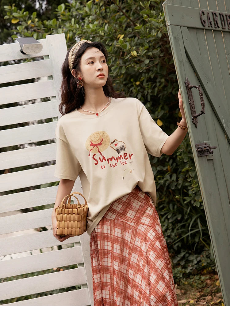 MISHOW Women's Print T-shirt 2025 Summer New Loose Casual T-shirt Ladies Round Neck Short Sleeve Tee Female Clothing MXE34T0559