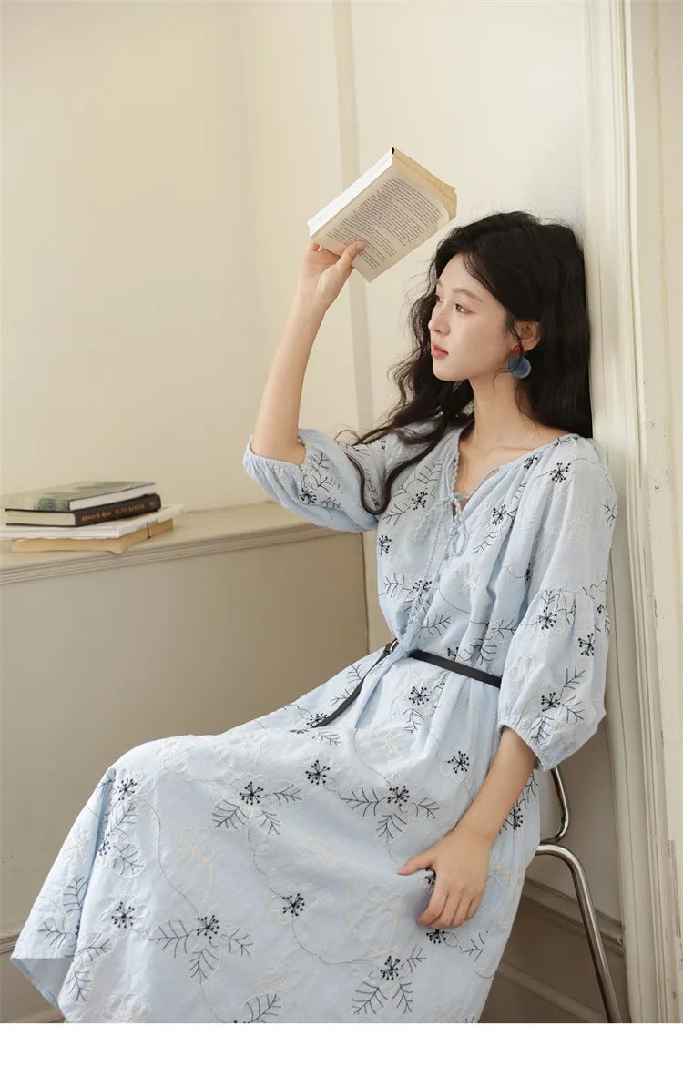 MISHOW Blue Flower Embroidered Dress 2025 Autumn Seven Cent Lantern Sleeve Tassel Tie Rope V-neck Dresses with Belt MXE42L2493