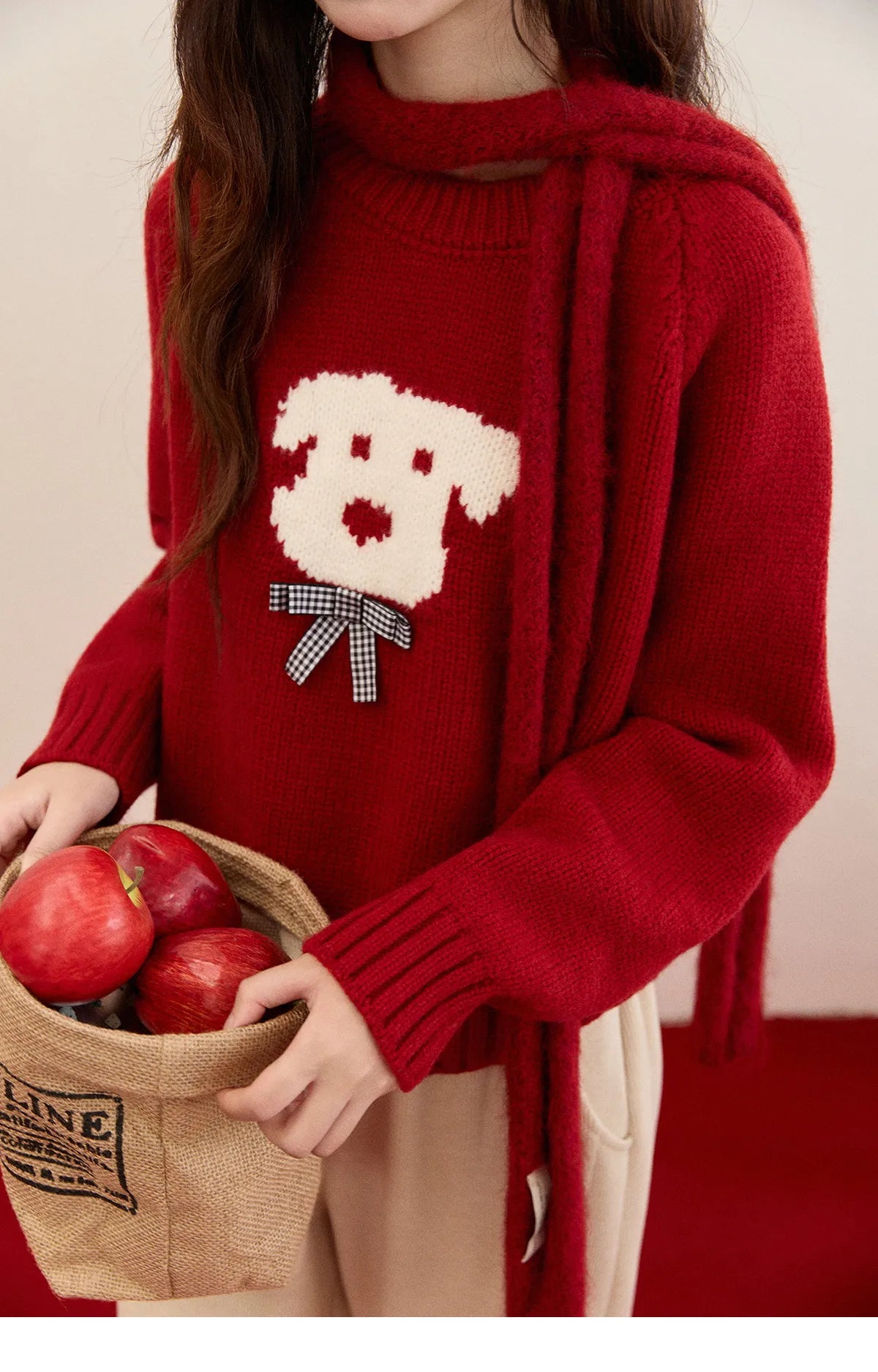 MISHOW New Year Women's Puppy Jacquard Crew Neck Knit Sweater 2026 Spring Loose Casual Red Sweater Excluding Scarf MXE93Z2932