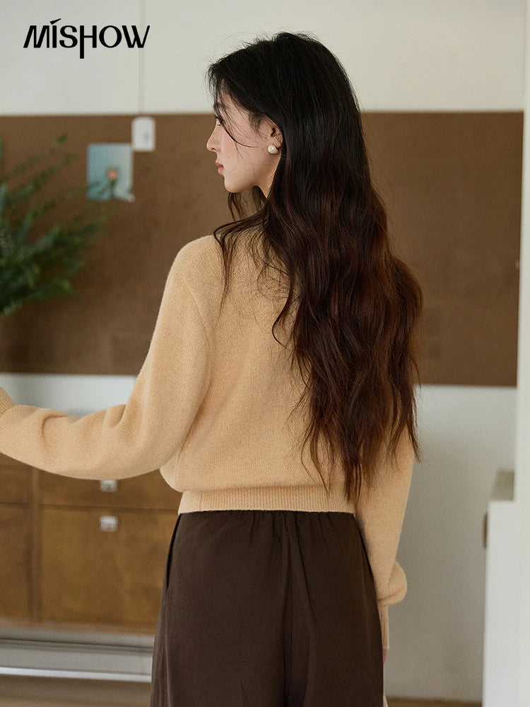 MISHOW Women's Camel Knitted Cardigan 2026 Spring Floral Embroidery Crew Neck Tops Button Warm Loose Cropped Sweater MXF11Z2896