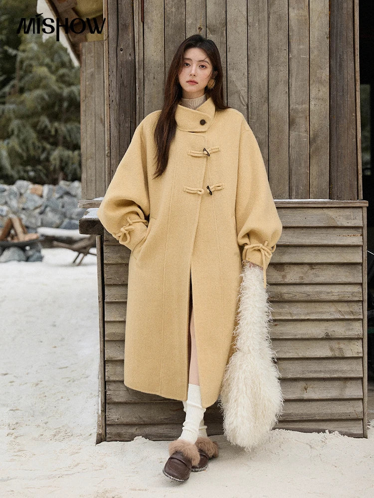 MISHOW Women's Long Coats 2025 Winter Yellow Double-faced 100% Wool Coat Windproof Lantern Sleeve Turtleneck Coat MXE51W0902