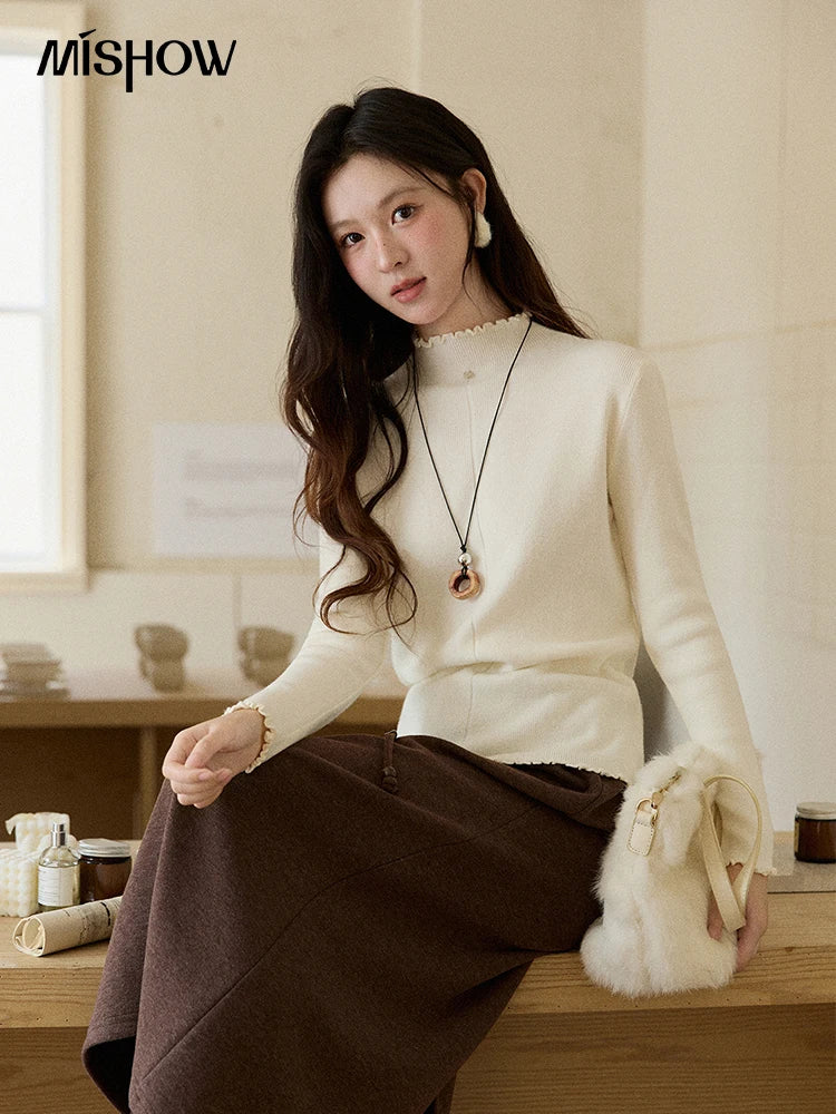 MISHOW Women's Knitted Long-Sleeved Top 2025 Winter Solid Slim Fit Ruffled Turtleneck Sweater Warm Soft Commuting Top MXE91Z2826