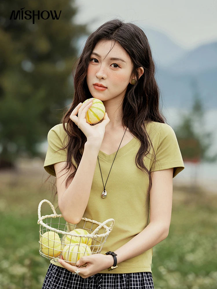 MISHOW Cotton Casual T-shirts Women New 2025 Short Sleeve V-neck Solid Versatile Shirt Female Fashion Basic Tops Lady MXE33T0519