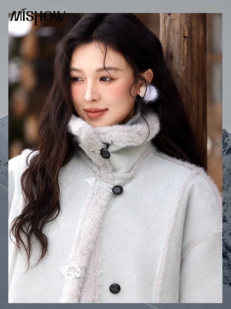 MISHOW Leather Fur Coat Fur Collar with Bag Women Winter Clothes Suede Plush Jacket Pocket Soft Thickened Warm Tops MXD57W0737